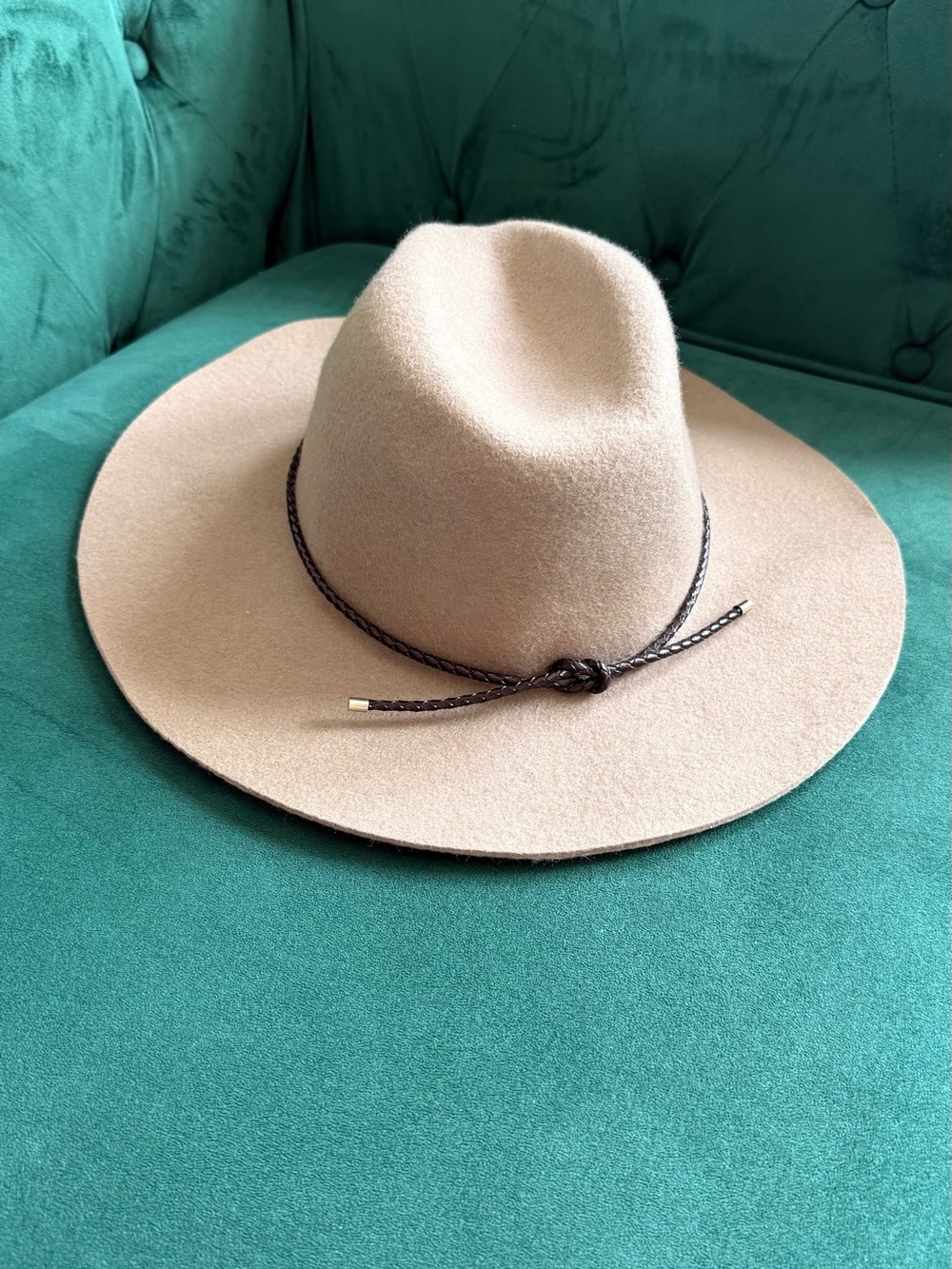 Massimo Dutti Beige Wide-Brim Felt Hat with Braided Brown Band